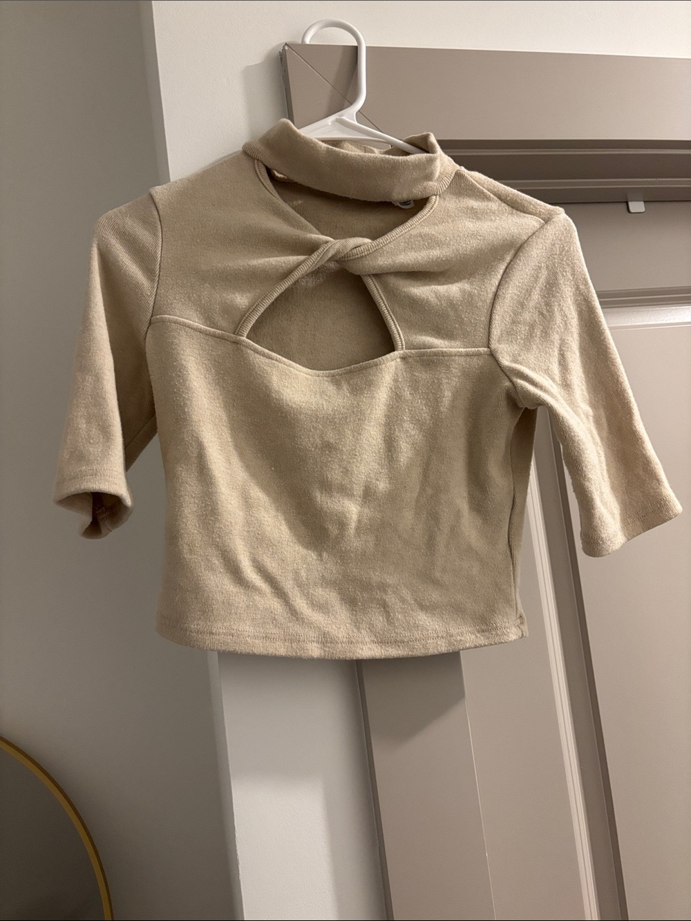 Beige Twist-Neck Crop Top with Front Keyhole